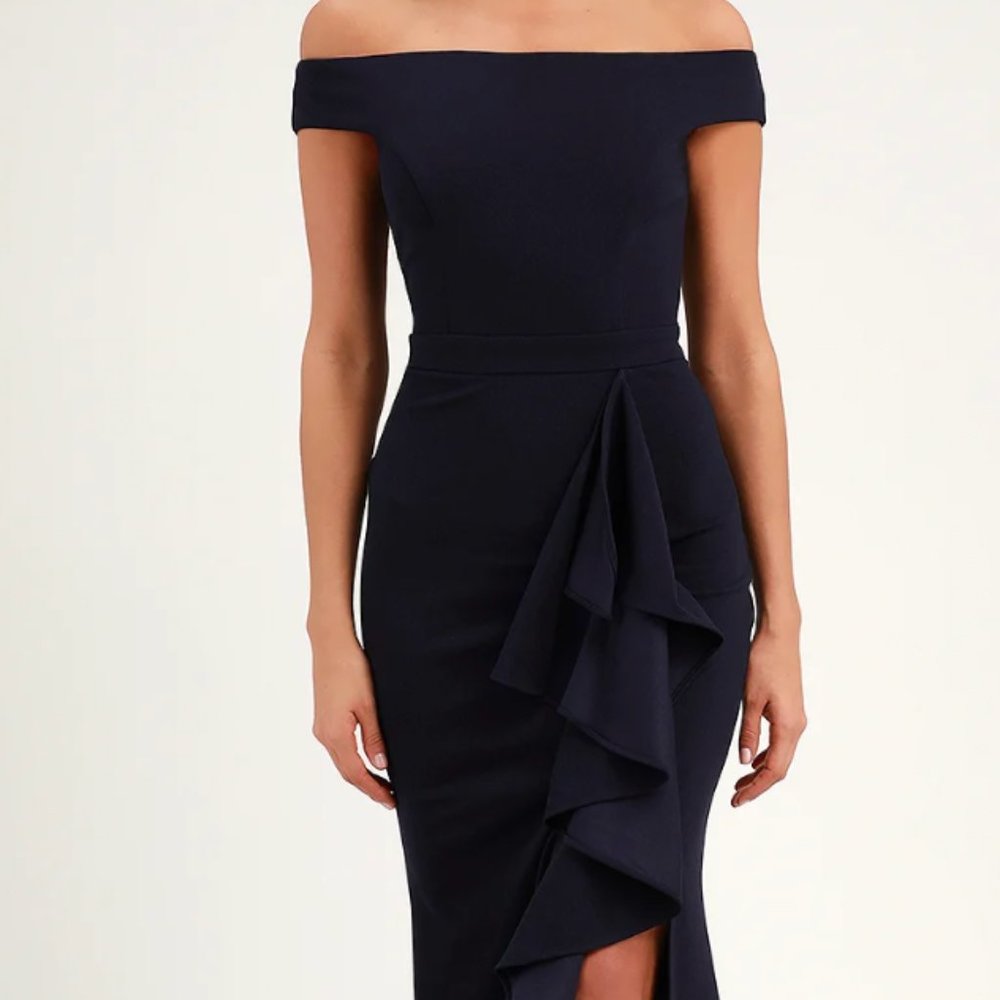 Lulus Mila Navy Blue Ruffled Off-the-Shoulder Maxi Dress NWT